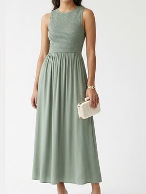 Joie Kensie Sleeveless Smocked Poplin Midi Dress Pistachio Stripe XL NWT